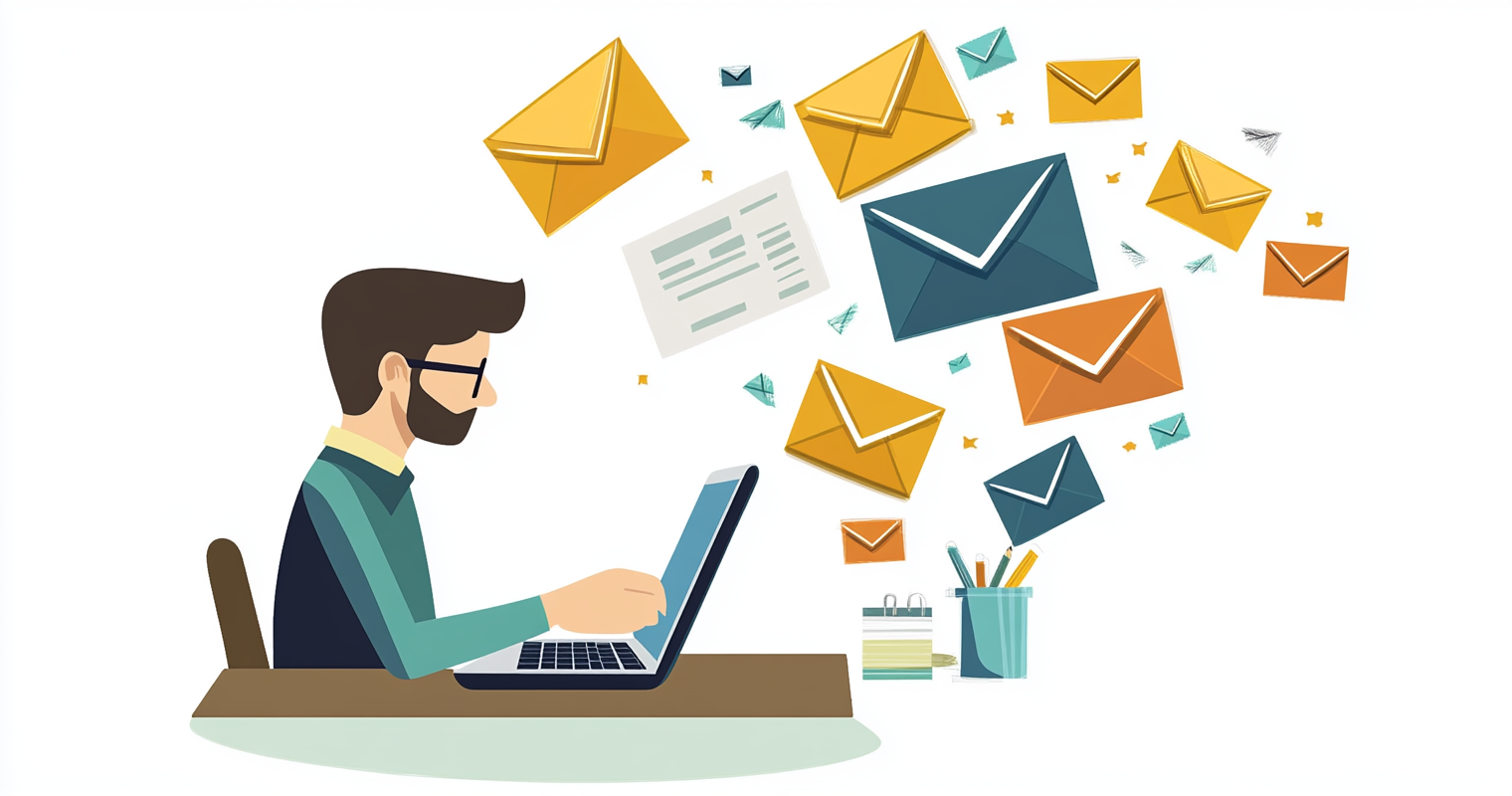 recNcIS6DsBpiCklZ -  Marketer on a laptop sending email blasts from a modern, minimalist office setting_