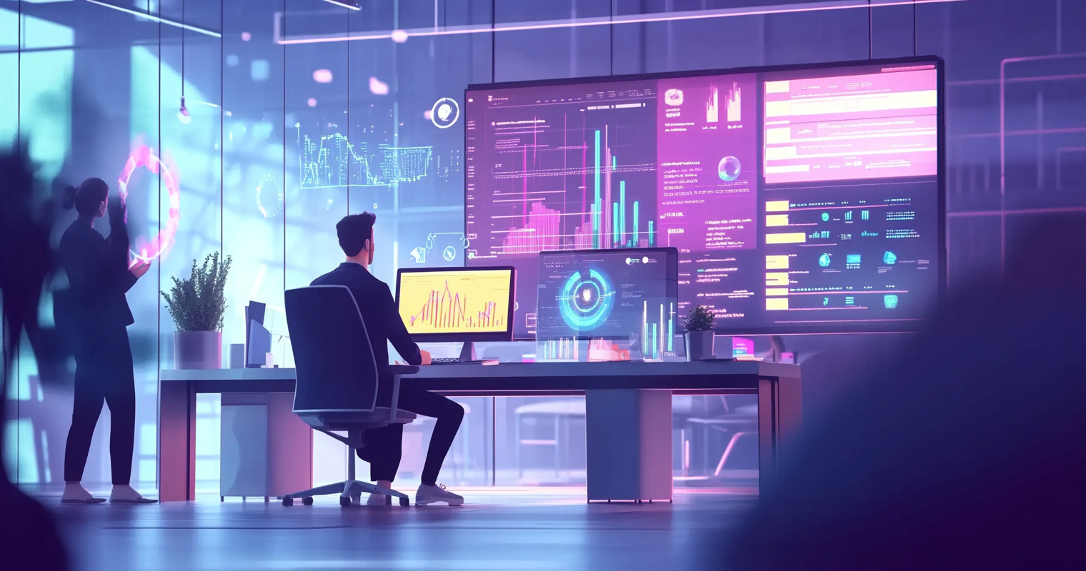 reczXEaIC2t2ZpmnQ -  A digital marketer analyzing AI-generated data on a large monitor in a modern workspace. The environment should highlight a busy office with charts, analytics tools, and team members working collaboratively_