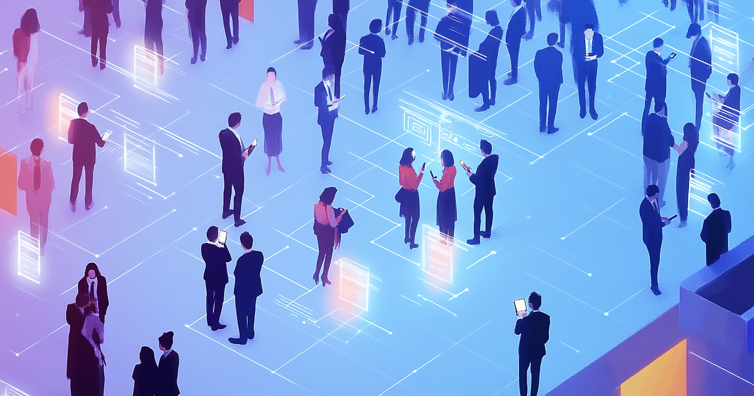 recr2EWU3hCZLPVwo -  Attendees at a corporate event are using their mobile phones to receive AI-generated networking matches. On the screen, the AI assistant is introducing professionals with similar interests_