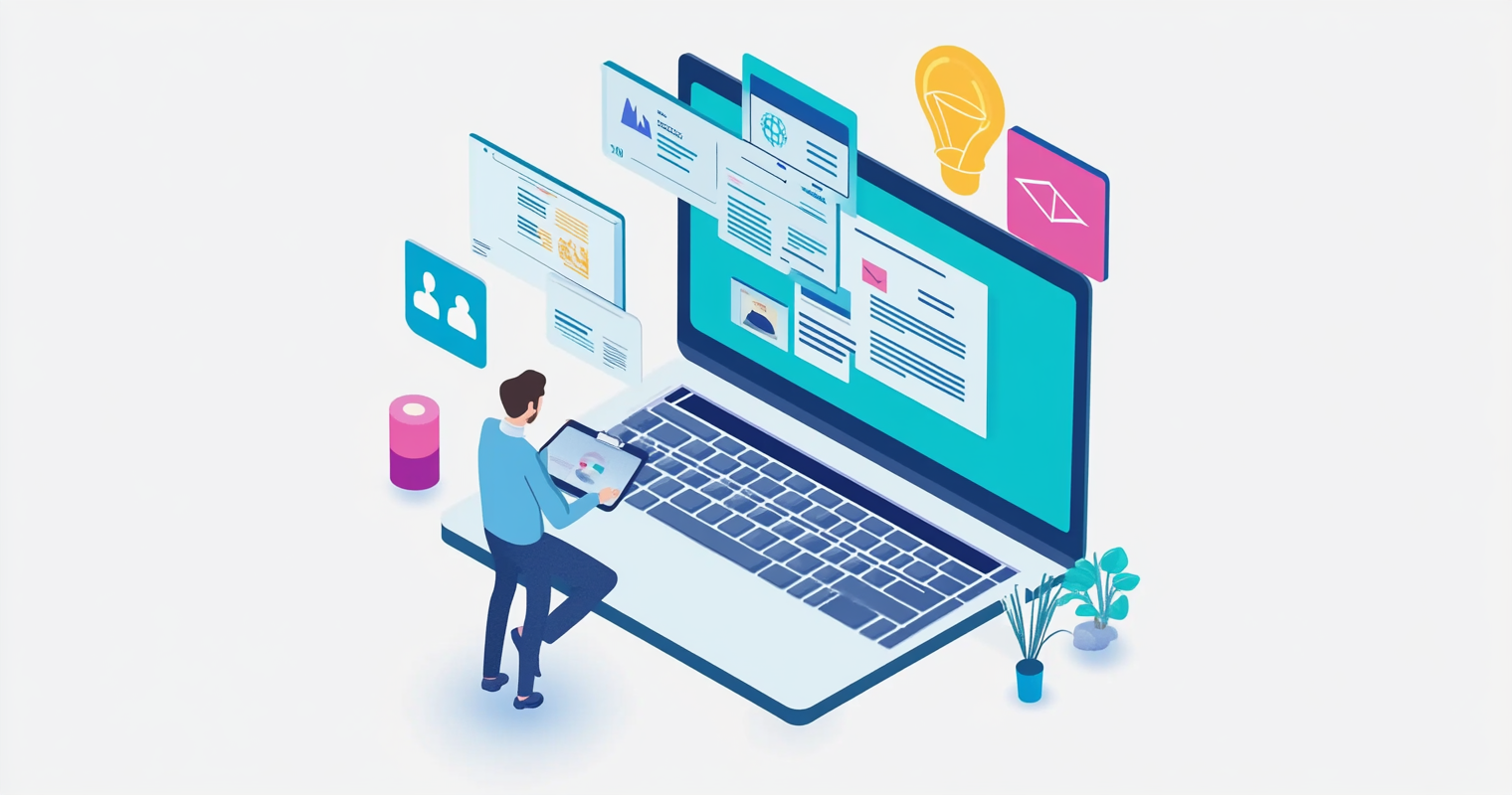 recJ5VAqkG5hEK1Yu -  A marketer clicks through a step-by-step AI software interface for creating event invitations, displayed on a modern laptop amid minimalist office decor