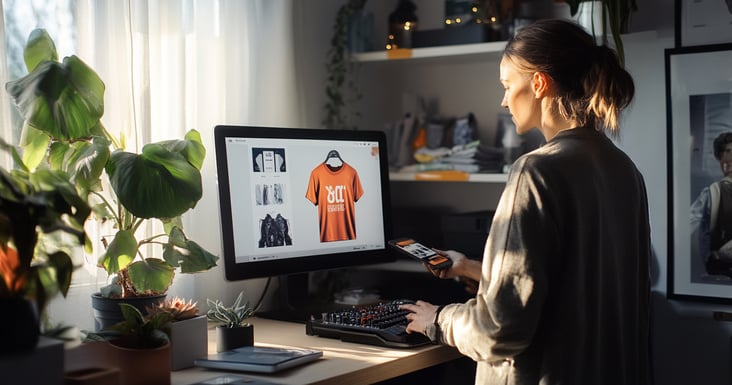 reco68eoruWI5WTTr -  Subject_ An online store display of event merchandise. Action_ An attendee purchasing event-branded items using a mobile event app. Environment_ A home office setting with AI-powered suggestion algorithms_
