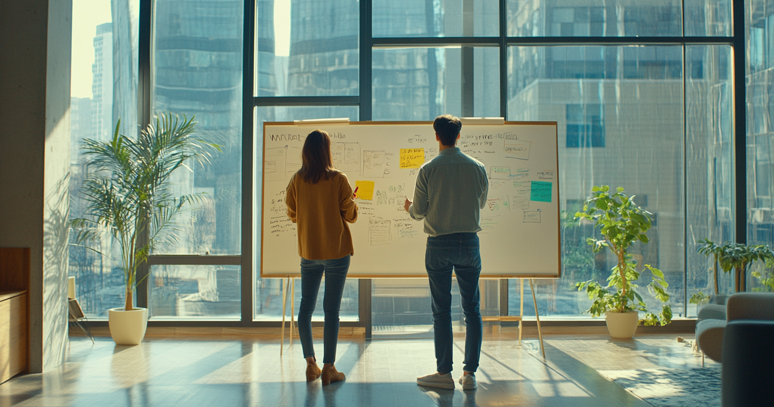 recgHNbZe5gROnjQs -  Marketers discussing outbound results using a whiteboard, where pros like _wider reach_ and cons like _lack of data_ are listed_