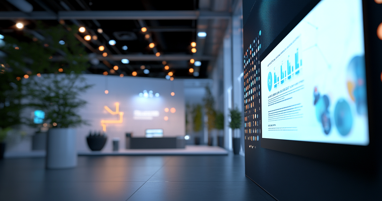 reco68eoruWI5WTTr -  Subject_ Event booth with AI analytics on screen. Action_ Sponsorship feedback being analyzed in real-time using AI. Environment_ Virtual event setup in a conference room_