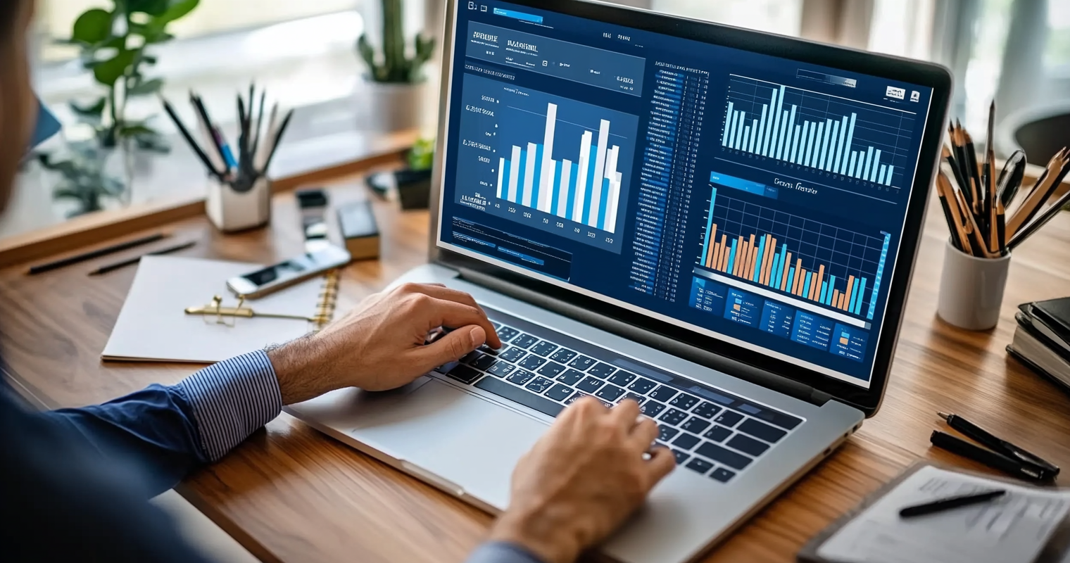 reco68eoruWI5WTTr -  Subject_ Event organizer using an AI dashboard. Action_ Inputting registration data. Environment_ Modern workspace with AI analytics on screen_