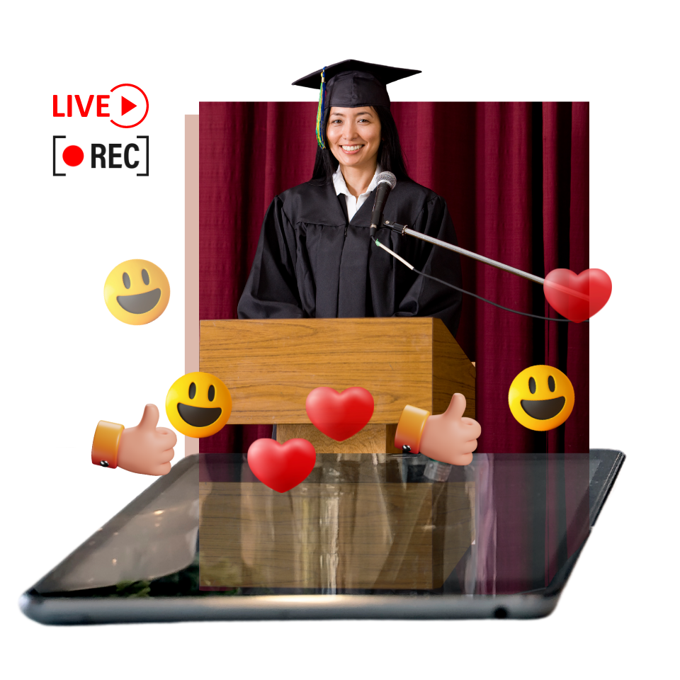 a live show that a smiling gril with graduation gown stands on stage